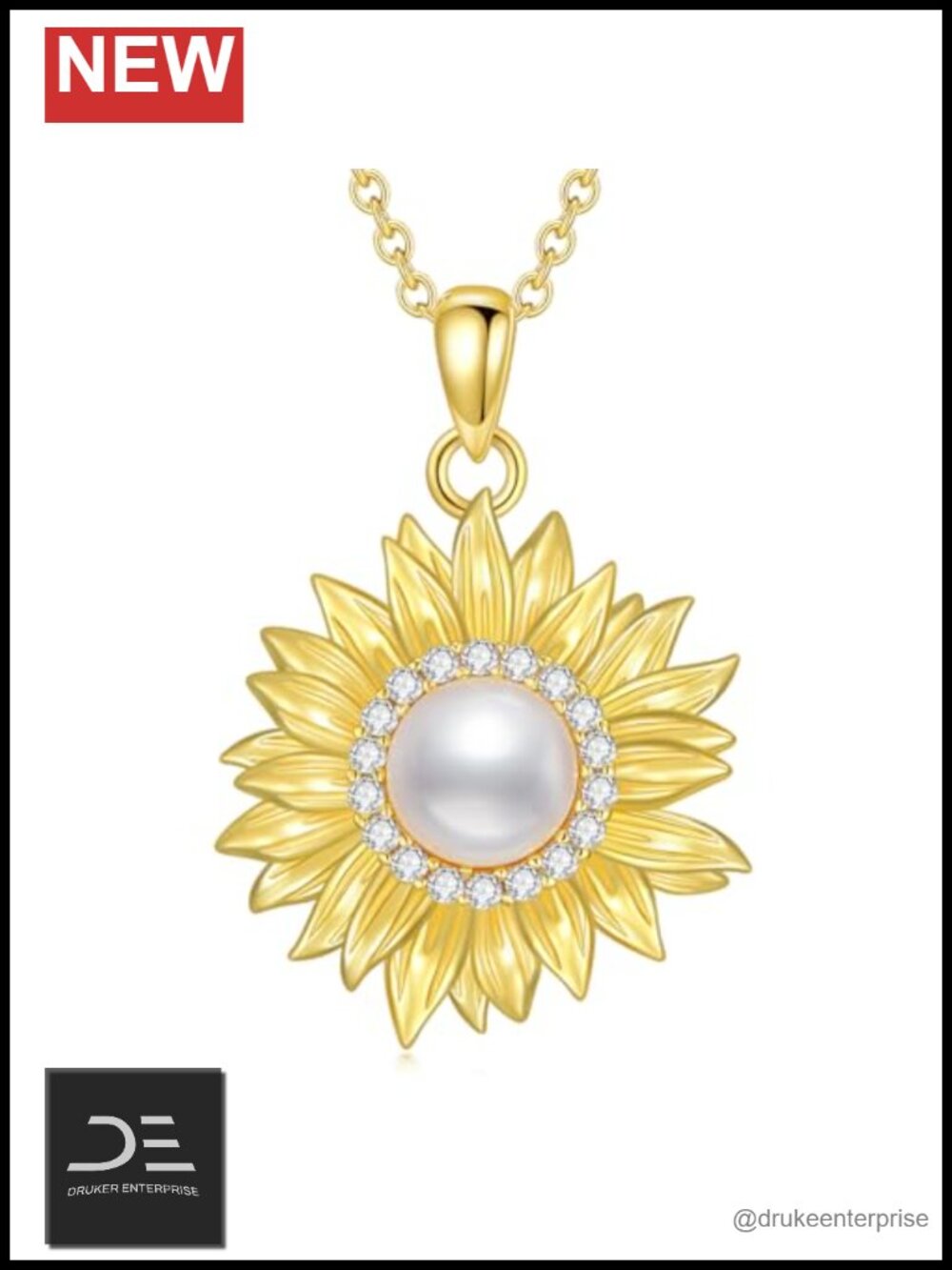 925 Sterling Silver 18K Gold Plated Sunflower Pearl Pendant Necklace for Women